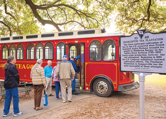 Tourists boarding the trolley at Charleston Tea Garden
