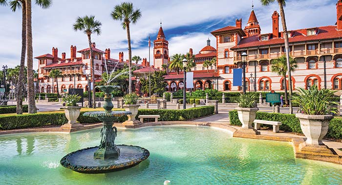 Courtyard fountain and Spanish Renaissance architecture at the Lightner Museum in St. Augustine, a popular stop on guided shore excursions