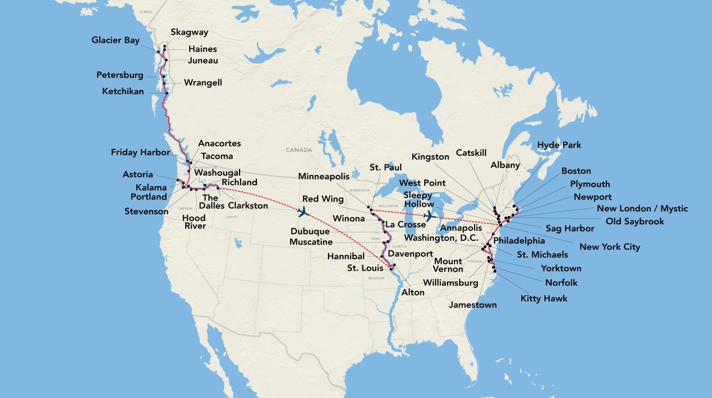 Map of the United States showing American Cruise Lines routes. Key cities include New York, New Orleans, St. Louis, and Seattle. Routes cover the Mississippi River, Columbia River, and East Coast.