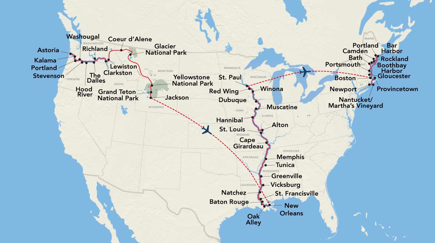 Map of American Cruise Lines Great US Cruise 2026, highlighting port stops including Portland, St. Louis, Memphis, and New Orleans, and Yellowstone, Glacier, and Grand Teton National Parks.