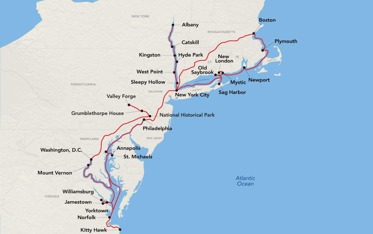 Map of American Cruise Lines' Revolutionary War Cruise route along the US East Coast, highlighting cities like Boston, New York, Philadelphia, and Washington D.C., with stops in places like Mystic, Newport, and Williamsburg.