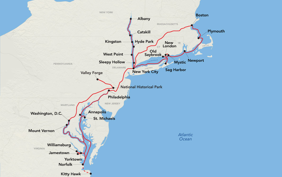 Map of American Cruise Lines' Revolutionary War Cruise route along the US East Coast, highlighting cities like Boston, New York, Philadelphia, and Washington D.C., with stops in places like Mystic, Newport, and Williamsburg.