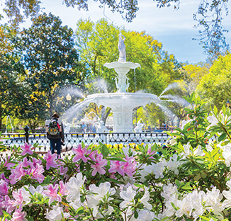 Elegant water fountain and garden of Savannah, Georgia.