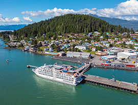 Small Alaska cruise ship docked at a scenic town with lush hills, houses, and a clear sky in the background.