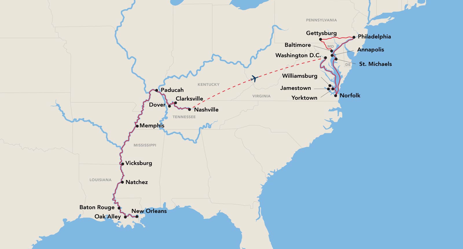 Historic-themed map of American Cruise Lines' river routes in the U.S., highlighting cruise ship routes in red, major Civil War routes, and battle sites with colored dots.