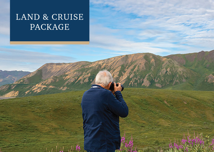 Mountains stand tall around the waters of Kenai Fjords National Park. There are a few tall and narrow  mountain-like structures that are surrounded by the water. In the top left corner, there is a text overlay on a blue box that reads "Brand New Land & Cruise Package".