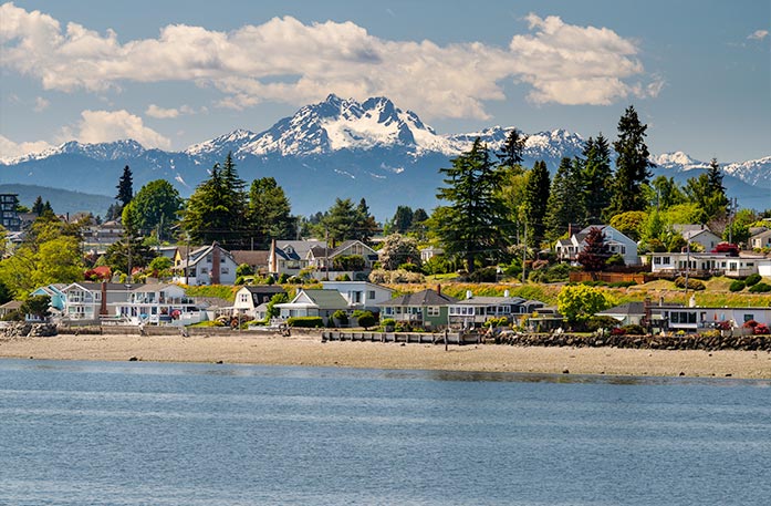 Bremerton waterfront with a view of the Olympic Mountain in the background 