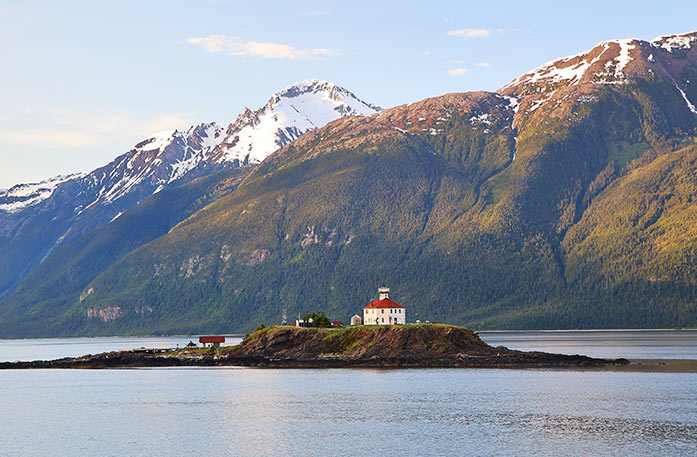 Pink Fireweed wildflowers and greenery line the edge of the bright blue waters of Lynn Canal in Haines. There is a dock stretching across the water from the right, and in the distance, there is an array of snow-capped mountains.