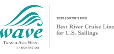 Logo for American Cruise Lines, featuring a wave design and text: "2025 Editor's Pick: Best River Cruise Line for U.S. Sailings," awarded to American Cruise Lines