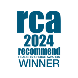 Logo for the 2024 Reader's Choice Awards, featuring the text "RCA 2024 Recommend Winner." Awarded to American Cruise Lines