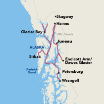 Map showing an Alaska Inside Passage cruise round-trip from Juneau, visiting Haines, Skagway, Glacier Bay, Sitka, Endicott Arm, Dawes Glacier, Petersburg, and Wrangell