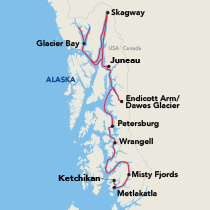 Itinerary map of Alaskan Explorer Cruise route by American Cruise Lines, showing stops at Skagway, Glacier Bay, Juneau, Endicott Arm/Dawes Glacier, Petersburg, Wrangell, Ketchikan, Misty Fjords, and Metlakatla.