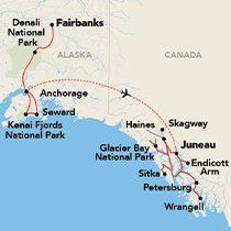 Map showing an Alaskan cruise and land combination cruise between Fairbanks and Juneau, visiting Denali National Park, Anchorage, Seward, Kenai Fjords National Park, Haines, Glacier Bay National Park, Skagway, Sitka, Petersburg, Tracy Arm, and Wrangell