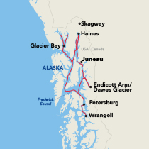 Map showing an Alaska Inside Passage cruise round-trip from Juneau, visiting Haines, Skagway, Glacier Bay, Tracy Arm, Petersburg, and Wrangell