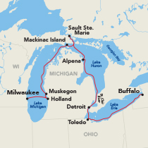 Map of American Cruise Lines' Great Lakes route, showing stops in Milwaukee, Muskegon, Holland, Mackinac Island, Sault Ste. Marie, Alpena, Detroit, Toledo, and Buffalo. The route covers Lake Michigan, Lake Huron, Lake Erie, and the St. Clair River.