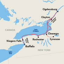 Map of American Cruise Lines route: Buffalo, Niagara Falls, Rochester, Syracuse, Oswego, Clayton, Thousand Islands, and Ogdensburg.