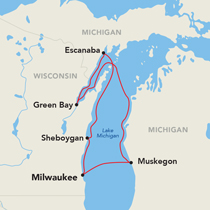 Map of Lake Michigan cruise route by American Cruise Lines, showing stops in Milwaukee, Muskegon, Escanaba, Green Bay, and Sheboygan.
