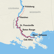Map showing a Mississippi River cruise round-trip from New Orleans, visiting Oak Alley, Houmas House, Baton Rouge, St. Francisville, Vicksburg, and Natchez