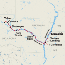 Map showing the Arkansas River cruise between Tulsa, Catoosa, Muskogee, Fort Smith, Little Rock, Cleveland, and Memphis.