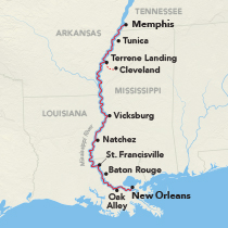 Map showing a Mississippi River cruise between Memphis and New Orleans, visiting Tunica, Terrene Landing, Cleveland, Vicksburg, Natchez, St. Francisville, Baton Rouge, Houmas House, and Oak Alley
