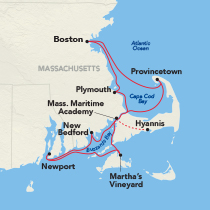 Map showing a New England Coast cruise round-trip from Boston, visiting Provincetown, Plymouth, Hyannis, Massachusetts Maritime Academy, New Bedford, Newport, and Martha's Vineyard