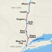 Map showing a Hudson River cruise between New York and Albany, visiting Sleepy Hollow, West Point, Hyde Park, Kingston, Catskill, and Troy