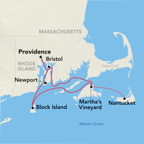 Map showing a New England Coast cruise round-trip from Providence, visiting Bristol, Newport, Block Island, Martha's Vineyard, and Nantucket