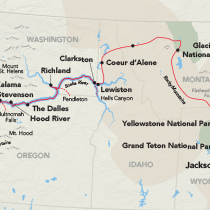 Map showing a Columbia & Snake River cruise and land combination journey between Portland and Jackson, visiting Fort Clatsop, Multnomah Falls, Mount St. Helens, Columbia River Gorge, Pendleton, Hells Canyon, Coeur d'Alene, and Yellowstone, Glacier, and Grand Teton National Parks