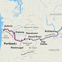 Map showing a Columbia & Snake River cruise between Portland and Clarkston, visiting Fort Clatsop, Mount St. Helens, Multnomah Falls, Mt. Hood, Pendleton, and Hells Canyon