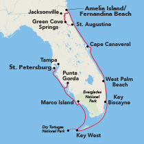 Map showing a Florida Gulf Coast cruise between Jacksonville and St. Petersburg, visiting Amelia Island, Fernandina Beach, St. Augustine, Cape Canaveral, West Palm Beach, Key Biscayne, Key West, Dry Tortugas National Park, Marco Island, and Punta Gorda