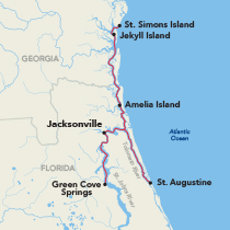 Map showing a Florida Intracoastal and river cruise round-trip from Jacksonville, visiting Jekyll Island, Amelia Island, St. Augustine, and Green Cove Springs