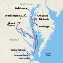 Map showing a Chesapeake Bay cruise between Washington, D.C. and Baltimore, visiting Cambridge, St. Michaels, Mount Vernon, and Annapolis