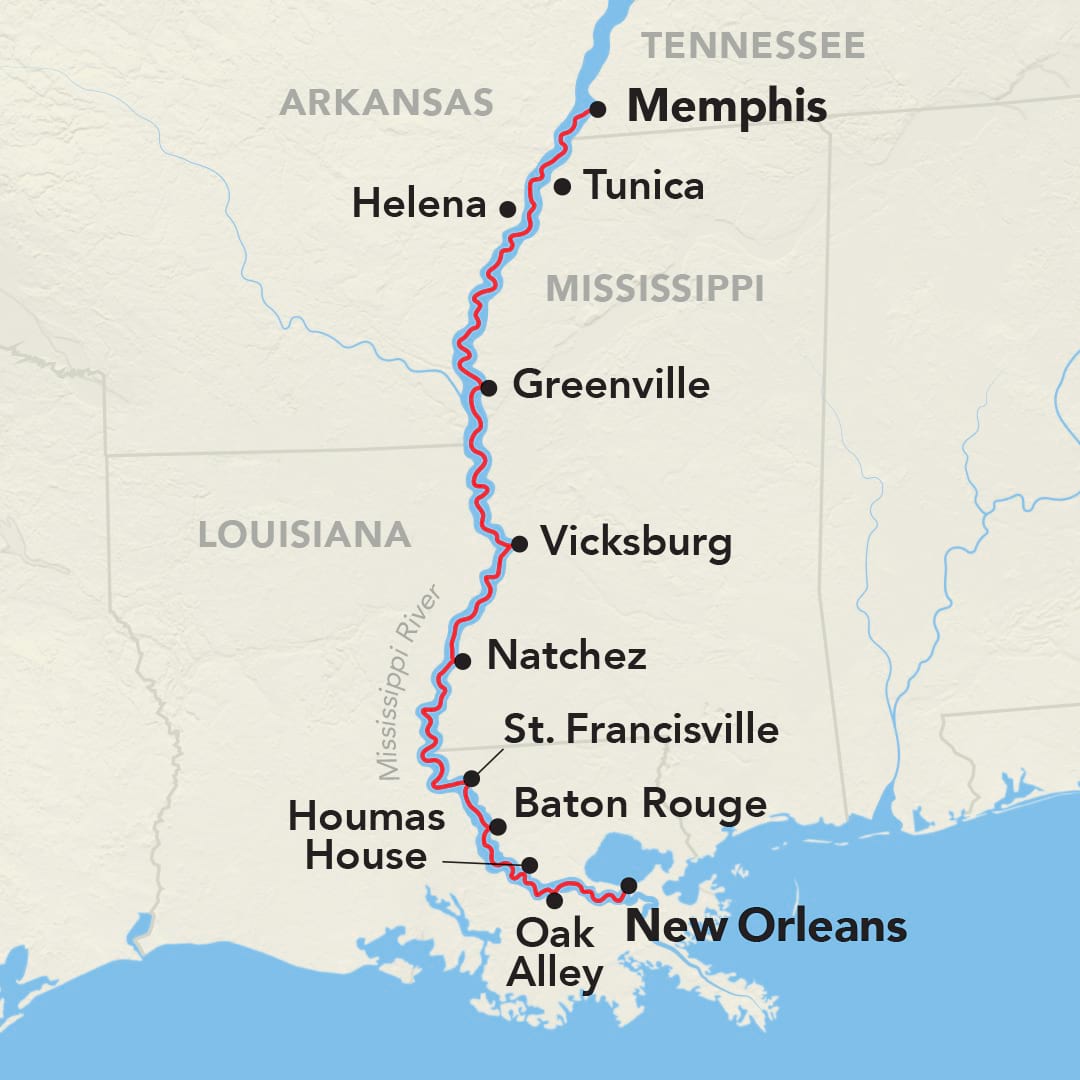 Map of American Cruise Lines Mississippi River route from New Orleans to Memphis, showing stops at Oak Alley, Houmas House, Baton Rouge, St. Francisville, Natchez, Vicksburg, Greenville, Helena, and Tunica.