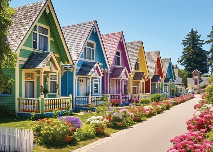 The Gingerbread Cottages in Martha's Vineyard, a line of small, identically built cottages that are each a different, bright color. There are small pink shrubs perfectly lined along the pavement in front of the cottages.