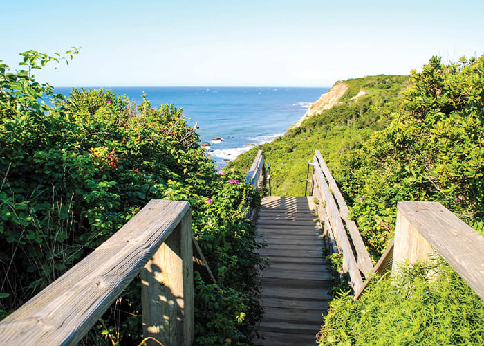 A wooden bridge in Block Island that allows people to walk down steps to the ocean. Each side of the bridge has thick wooden railings and is surrounded by greenery.