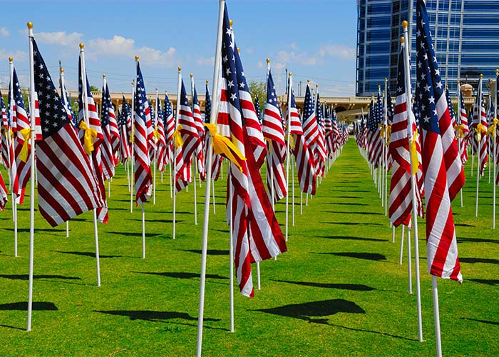 Hundreds of American flags on thin white flag poles line the perfectly kept, bright green grass on the grounds of the 9/11 Memorial & Museum in New York City.