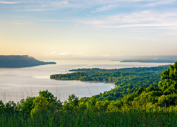 A serene landscape along the Mississippi River surrounded by greenery under a light orange sunrise.