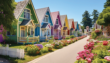 The Gingerbread Cottages in Martha's Vineyard, a line of small, identically built cottages that are each a different, bright color. There are small pink shrubs perfectly lined along the pavement in front of the cottages. 