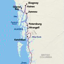 Map showing an Alaska Inside Passage cruise between Juneau and Seattle, visiting Glacier Bay, Skagway, Haines, Petersburg, Wrangell, Ketchikan, Friday Harbor, and Anacortes