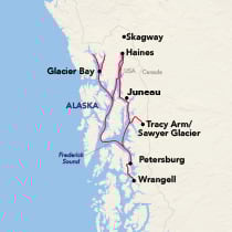 Map showing an Alaska Inside Passage cruise round-trip from Juneau, visiting Haines, Skagway, Glacier Bay, Tracy Arm, Petersburg, and Wrangell