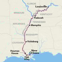 Map showing a Mississippi River cruise between New Orleans and Louisville, visiting Oak Alley, Houmas House, Vicksburg, Memphis, and Paducah