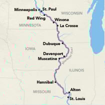 Map showing a Mississippi River cruise between St. Louis and St. Paul, visiting Alton, Hannibal, Muscatine, Davenport, Dubuque, La Crosse, Winona, Red Wing, and Minneapolis