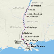 Map showing a Mississippi River cruise between Memphis and New Orleans, visiting Tunica, Terrene Landing, Cleveland, Vicksburg, Natchez, St. Francisville, Baton Rouge, Houmas House, and Oak Alley