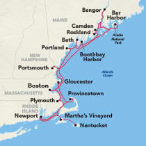 Map showing a New England Coast cruise round-trip from Boston, visiting Plymouth, Newport, Martha's Vineyard, Nantucket, Provincetown, Gloucester, Portsmouth, Portland, Bath, Boothbay Harbor, Camden, Rockland, Bar Harbor, and Bangor