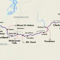 Map showing a Columbia & Snake River cruise between Portland and Clarkston, visiting Fort Clatsop, Mount St. Helens, Multnomah Falls, Mt. Hood, Pendleton, and Hells Canyon