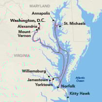 Map showing a Chesapeake Bay cruise round-trip from Washington, D.C., visiting Alexandria, Mount Vernon, Annapolis, St. Michaels, Cambridge, Williamsburg, Jamestown, Yorktown, Norfolk, and Kitty Hawk