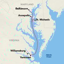 Map showing a Chesapeake Bay cruise round-trip from Baltimore, visiting Annapolis, St. Michaels, Cambridge, Williamsburg, and Yorktown