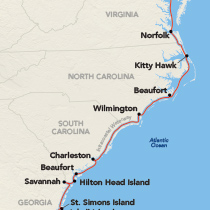 Map showing an East Coast Inland Passage cruise between Baltimore and Amelia Island, visiting Washington, D.C., St. Michaels, Norfolk, Kitty Hawk, Beaufort, Wilmington, Charleston, Savannah, Hilton Head Island, Jekyll Island, St. Simons Island, and Amelia Island
