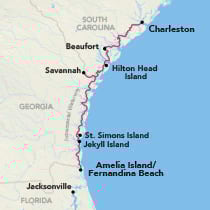 Map showing a Southeast Instracoastal cruise between Charleston and Amelia Island, visiting Jekyll Island, St. Simons Island, Savannah, Hilton Head Island, and Beaufort