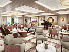 The River Lounge, a common area on American Anthem with several small tables with grey and red armchairs surrounding them on red and white patterned carpet. Along the center part of the back wall, there is a grand piano. There are also floor-to-ceiling windows on the left wall with views of the Columbia River.
